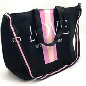 Victoria's Secret Weekender Tote Bag, Black Pink Stripes Love