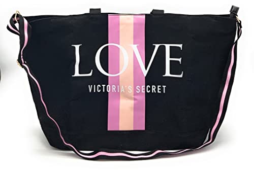 Victoria's Secret Weekender Tote Bag, Black Pink Stripes Love