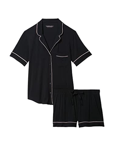 Victoria's Secret Modal Short Pajama Set, Black W Angel Pink Piping, X-Small