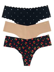victoria’s secret no show thong panty set of 3 large black dot scallop / nude / cherries