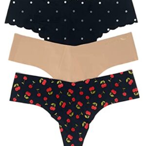 Victoria's Secret No Show Thong Panty Set of 3 Large Black Dot Scallop / Nude / Cherries