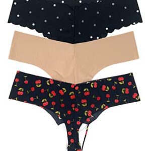 Victoria's Secret No Show Thong Panty Set of 3 Large Black Dot Scallop / Nude / Cherries