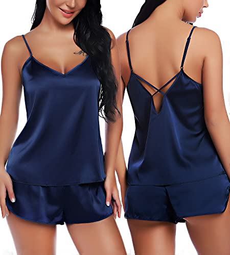 RSLOVE Women's Satin Pajamas Sexy Lingerie Sleepwear Cami Shorts Set Two-piece Pj Sets Blue M