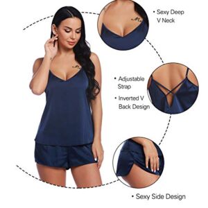 RSLOVE Women's Satin Pajamas Sexy Lingerie Sleepwear Cami Shorts Set Two-piece Pj Sets Blue M