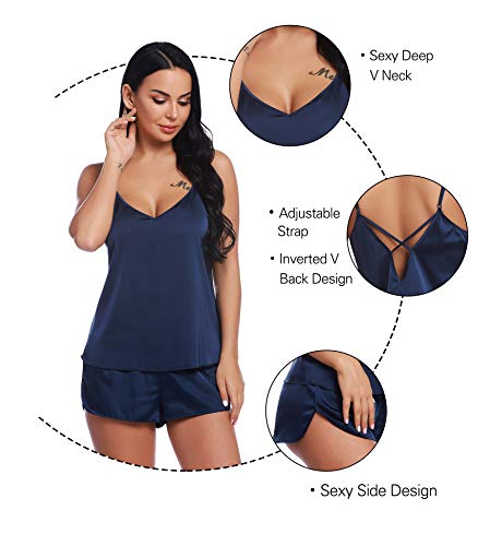 RSLOVE Women's Satin Pajamas Sexy Lingerie Sleepwear Cami Shorts Set Two-piece Pj Sets Blue M