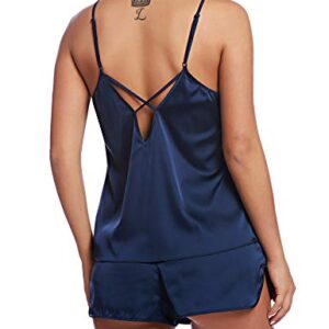 RSLOVE Women's Satin Pajamas Sexy Lingerie Sleepwear Cami Shorts Set Two-piece Pj Sets Blue M