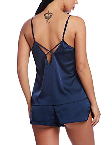 RSLOVE Women's Satin Pajamas Sexy Lingerie Sleepwear Cami Shorts Set Two-piece Pj Sets Blue M