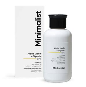 minimalist 7% ala & aha brightening face wash with vitamin b5 for hydration, glycolic acid for exfoliation & alpha lipoic acid for glowing skin | for men & women, 100 ml