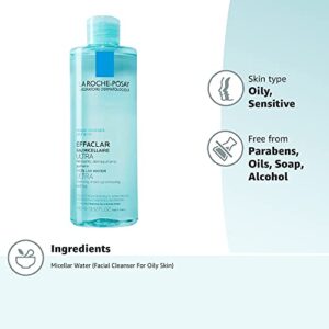 La Roche-Posay Effaclar Micellar Cleansing Water Toner for Oily Skin, Oil Free Makeup Remover, Safe for Sensitive Skin with Thermal Spring Water, 13.52 Fl Oz (Pack of 1)