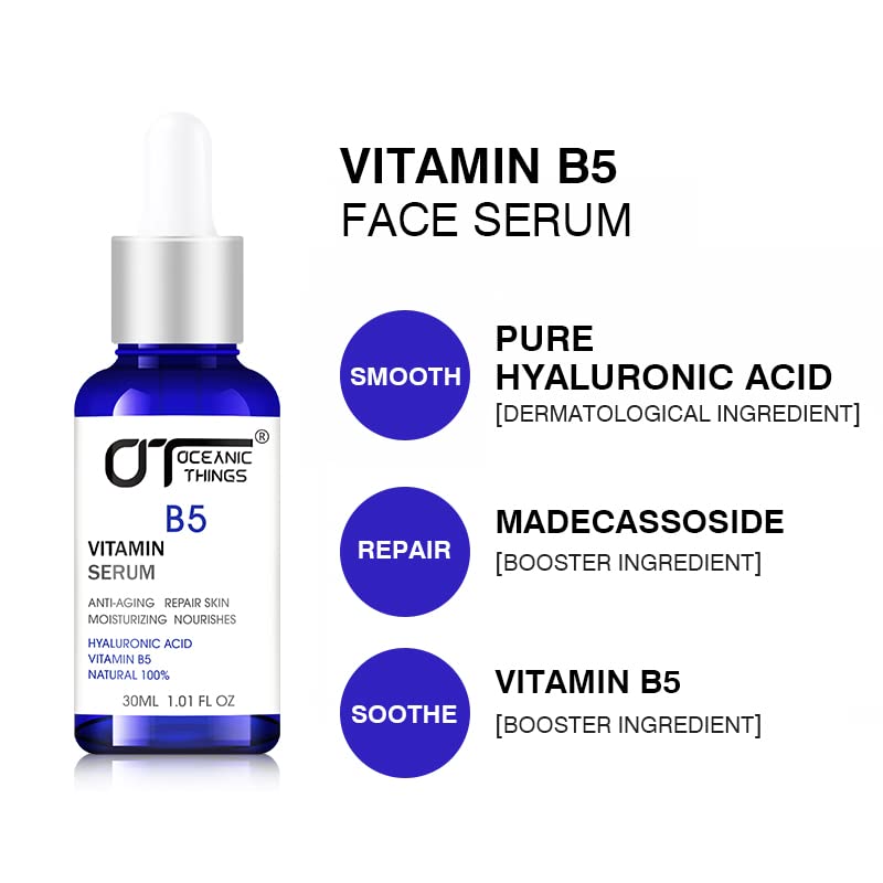 The combined action of Vitamin B5 Pure Hyaluronic Acid Serum for Face, with Vitamin B5, Anti-Aging Serum for Fine Lines and Wrinkles,