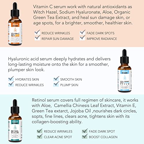 Age Defying Serum 3 Pack, Vitamin C Serum, Retinol Serum and Hyaluronic Acid Serum - Boost Skin Collagen,Hydrate & Plump Skin, Anti Aging & Wrinkle Facial Serum