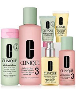 clinique great skin home & away gift set (skin types 3 & 4): 1 liquid facial soap oily skin formula 6.7 oz + 1 clarifying lotion 3 with pump 16.5 oz + 1 dramatically different moisturizing gel with pump 4.2 oz + 1 liquid facial soap oily skin formula 1 oz