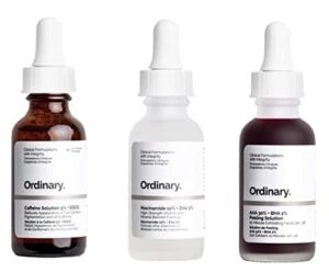 the new ordinary face serum set! caffeine solution 5% + aha 30% + bha 2% + b5! niacinamide 10% + zinc 1%! help fight visible blemishes and improve the look of skin texture & radiance!