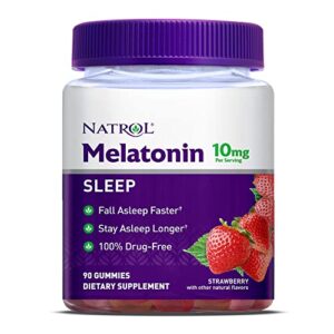 natrol melatonin sleep aid gummy, fall asleep faster, stay asleep longer, 2 gummies per serving, drug free and gelatin free, 10mg, 90 strawberry flavored gummies