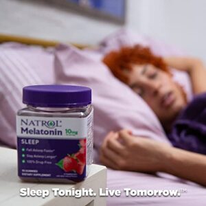 Natrol Melatonin Sleep Aid Gummy, Fall Asleep Faster, Stay Asleep Longer, 2 Gummies Per Serving, Drug Free and Gelatin Free, 10mg, 90 Strawberry Flavored Gummies