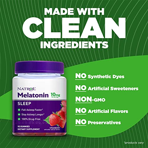 Natrol Melatonin Sleep Aid Gummy, Fall Asleep Faster, Stay Asleep Longer, 2 Gummies Per Serving, Drug Free and Gelatin Free, 10mg, 90 Strawberry Flavored Gummies