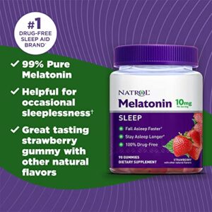 Natrol Melatonin Sleep Aid Gummy, Fall Asleep Faster, Stay Asleep Longer, 2 Gummies Per Serving, Drug Free and Gelatin Free, 10mg, 90 Strawberry Flavored Gummies