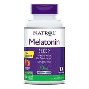 natrol melatonin fast dissolve tablets, helps you fall asleep faster, stay asleep longer, easy to take, dissolve in mouth, strengthen immune system, maximum strength, strawberry flavor, 10mg, 100count