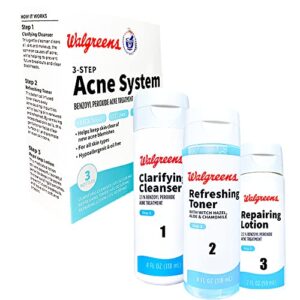 walgreens complete acne treatment kit- 3 simple step acne kit – benzoyl peroxide based cleanser, refreshing toner, & spot treatment repairing lotion, 1.0 fl oz