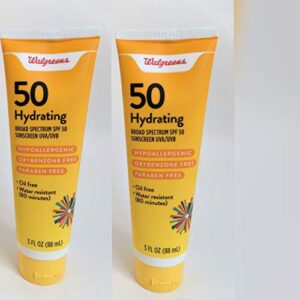 walgreens hydrating hypoallergenic spf 50 sunscreen uva/uvb, 3 fl.oz, oil free (pack of 2)