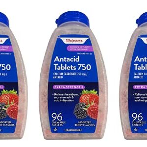 Walgreens Extra Strength Assorted Berries Antacid Chewable Tablets, 750 mg, 96 Tablets (Pack of 3 Bottles)