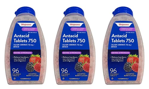 Walgreens Extra Strength Assorted Berries Antacid Chewable Tablets, 750 mg, 96 Tablets (Pack of 3 Bottles)