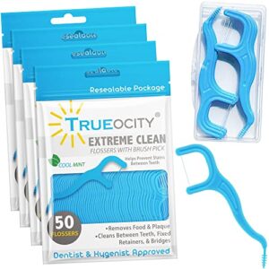 trueocity dental flossers brush picks 4 pack w/travel case (200 total count), dental floss glides easy between teeth, flosser helps prevent tooth decay & gum disease, easy grip handle, mint flavored