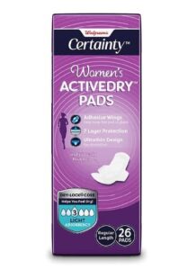 walgreens certainty women’s activedry pads, light 26.0ea
