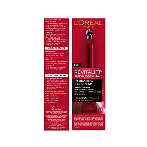 L'Oreal Paris Skincare Revitalift Triple Power Anti-Aging Eye Cream, Under Eye Treatment, with Pro Retinol, Hyaluronic Acid & Vitamin C to reduce wrinkles, de-puff and brighten skin, 0.5 fl. oz.