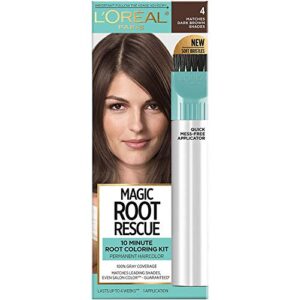 l’oreal paris magic root rescue 10 minute root hair coloring kit, permanent hair color with quick precision applicator, 100 percent gray coverage, 4 dark brown, 1 kit (packaging may vary)