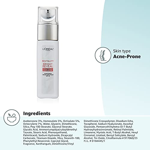 L'Oreal Paris Skincare Revitalift Bright Reveal Anti-Aging Day Cream SPF 30 Sunscreen with Glycolic Acid, Vitamin C & Pro-Retinol to Reduce Wrinkles & Brighten Skin, 1 fl. oz.