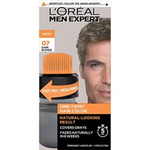 l’oreal paris men expert one twist mess free permanent hair color, mens hair dye to cover grays, easy no mix ammonia free application, dark blonde 07, 1 application kit