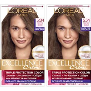 l’oreal paris excellence creme permanent hair color, 5.5n medium neutral brown, 100 percent gray coverage hair dye, pack of 2
