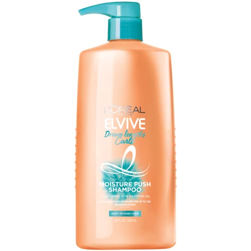 L'Oreal Paris Elvive Dream Lengths Curls Moisture Push Shampoo, Paraben-Free with Hyaluronic Acid and Castor Oil. Best for wavy hair to curly hair, 28 fl oz