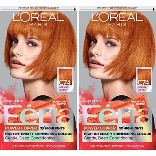 L'Oreal Paris Feria Multi-Faceted Shimmering Permanent Hair Color, C74 Intense Copper, Pack of 2, Hair Dye