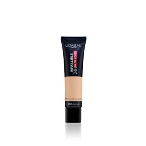 L'Oreal Paris Foundation, Infallible Matte Cover 24hour 200 Golden Sand, Sweat-proof, Heat-proof, Transfer-proof and Water-proof, SPF 18, 30 ml