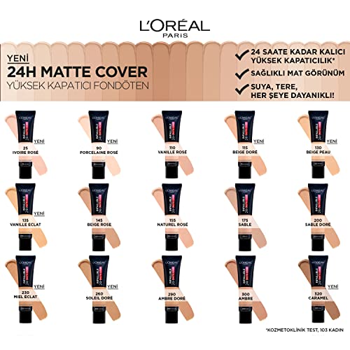 L'Oreal Paris Foundation, Infallible Matte Cover 24hour 200 Golden Sand, Sweat-proof, Heat-proof, Transfer-proof and Water-proof, SPF 18, 30 ml