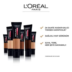 L'Oreal Paris Foundation, Infallible Matte Cover 24hour 200 Golden Sand, Sweat-proof, Heat-proof, Transfer-proof and Water-proof, SPF 18, 30 ml