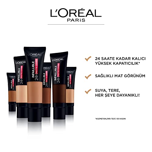 L'Oreal Paris Foundation, Infallible Matte Cover 24hour 200 Golden Sand, Sweat-proof, Heat-proof, Transfer-proof and Water-proof, SPF 18, 30 ml