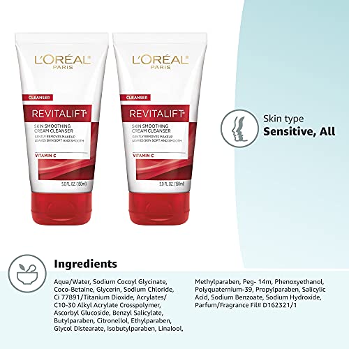 L'Oréal Paris Revitalift Daily Cream Cleanser, Gentle Makeup Remover Face Wash with Vitamin C, 5 fl. oz (Pack of 2)