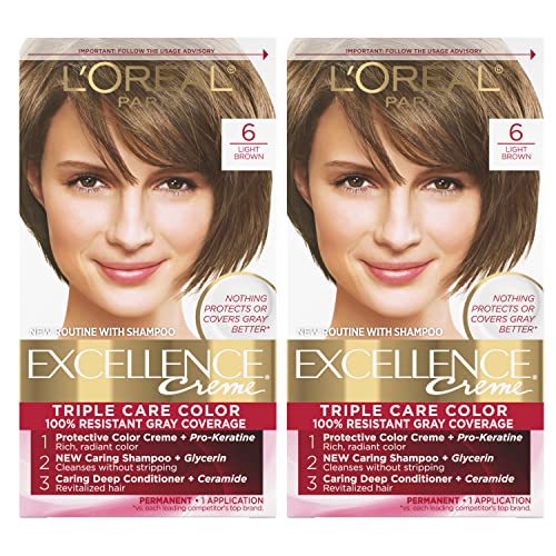 L'Oreal Paris Excellence Creme Permanent Hair Color, 6 Light Brown, 100 percent Gray Coverage Hair Dye, Pack of 2