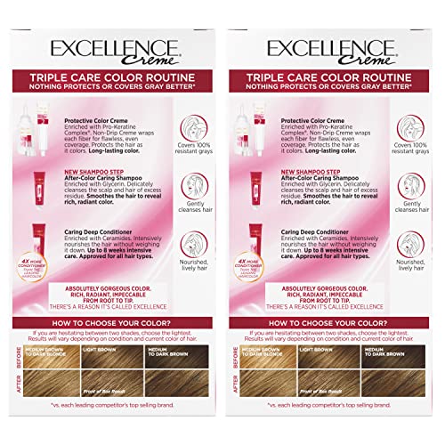 L'Oreal Paris Excellence Creme Permanent Hair Color, 6 Light Brown, 100 percent Gray Coverage Hair Dye, Pack of 2