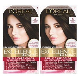 l’oreal paris excellence créme permanent hair color, 4 dark brown, 100 percent gray coverage hair dye, pack of 2