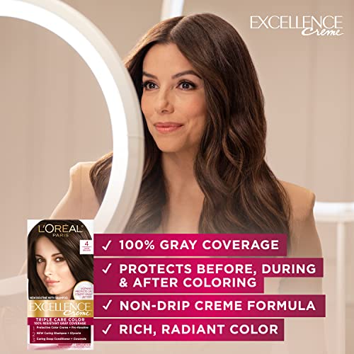 L'Oreal Paris Excellence Créme Permanent Hair Color, 4 Dark Brown, 100 percent Gray Coverage Hair Dye, Pack of 2