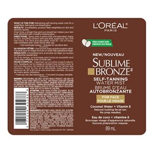 L'Oreal Paris Sublime Bronze Self Tanning Facial Mist, Water-Based Formula, Coconut Water & Vitamin E, 3 fl. Oz