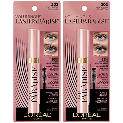 L'Oreal Paris Voluminous Makeup Lash Paradise Mascara, Voluptuous Volume, Intense Length, Feathery Soft Full Lashes, No Flaking, No Smudging, No Clumping, Black Brown, 2 Count