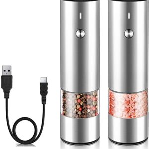 Electric Salt and Pepper Grinder Set - USB Rechargeable - No Battery Needed Modern Style - Automatic Black Peppercorn & Sea Salt Spice Mill Set with Adjustable Coarseness & LED Light Refillable