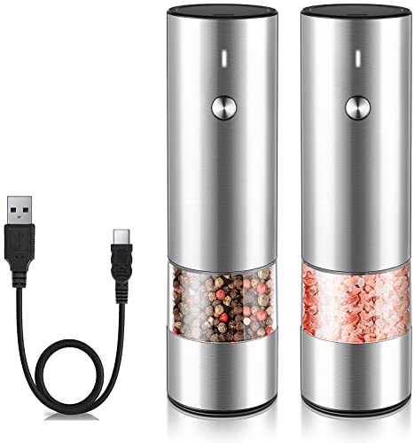 Electric Salt and Pepper Grinder Set - USB Rechargeable - No Battery Needed Modern Style - Automatic Black Peppercorn & Sea Salt Spice Mill Set with Adjustable Coarseness & LED Light Refillable