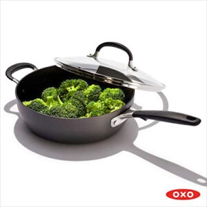 OXO Good Grips 3QT Chef's Pan with Lid and Helper Handle, 3-Layered German Engineered Nonstick Coating, Stainless Steel Handle with Nonslip Silicone, Black