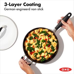 OXO Good Grips 3QT Chef's Pan with Lid and Helper Handle, 3-Layered German Engineered Nonstick Coating, Stainless Steel Handle with Nonslip Silicone, Black